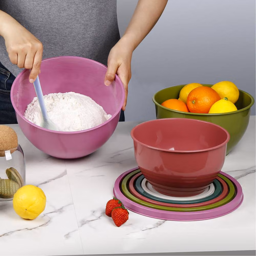 Greentainer 5 Piece Multicolour Nesting Plastic Mixing Bowls Set with Lids – 6