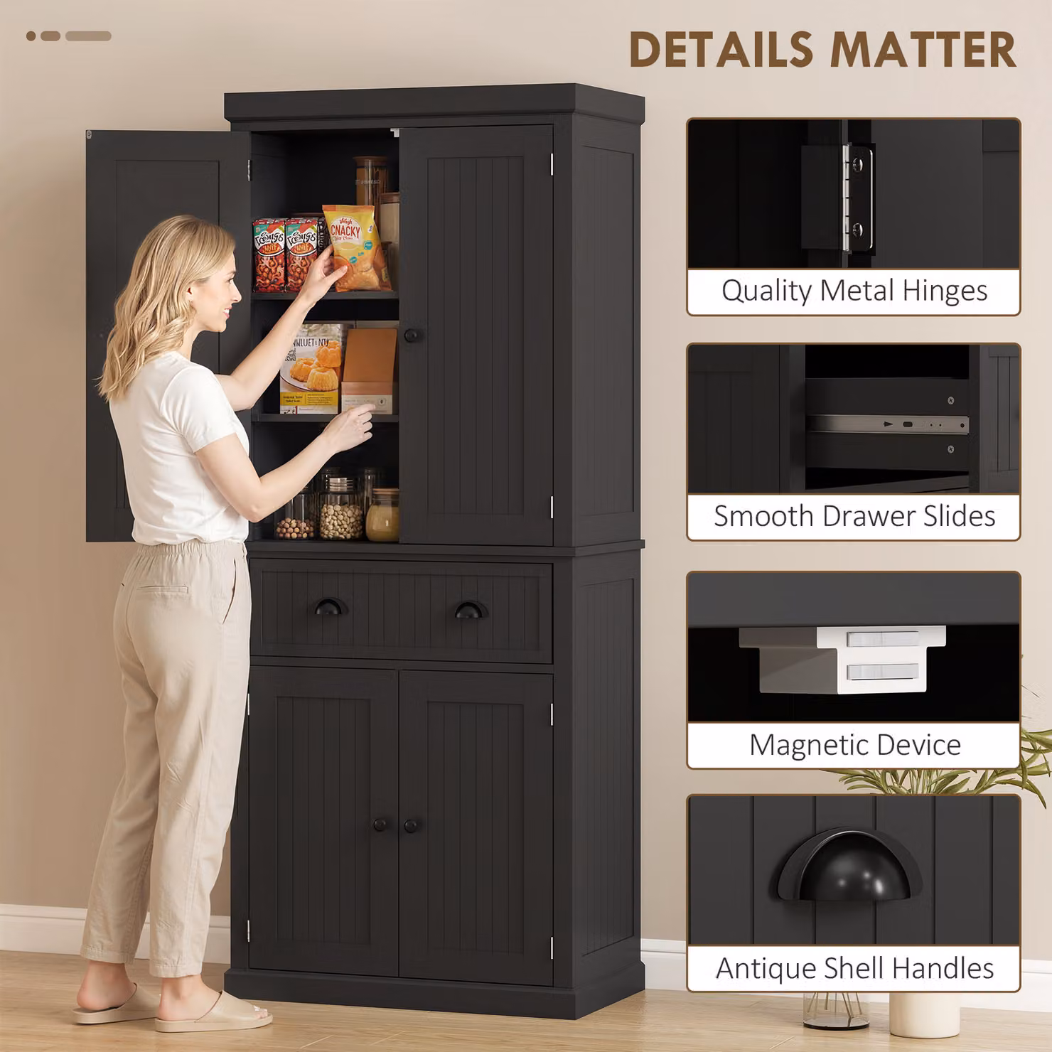 HOMCOM Black Kitchen Storage Cabinet with Drawer, Adjustable Internal Shelves and Hinged Doors, H 183.0 x W 76.2 x D 39.3 cm – 7