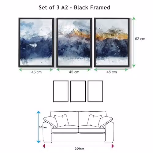 ARTZE Set of 3 Abstract Navy and Yellow Mountain Landscape Wall Art in Black Wood Frames, W: 45 cm, H: 62 cm, D: 2 cm – 3