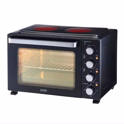 Cooks Professional Mini Portable Oven with Ceramic Hobs, 34L Capacity, Black and Silver