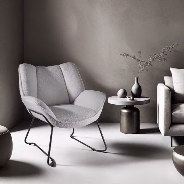 Tectake Kjeld Grey Boucle Fabric Wingback Armchair with Metal Frame