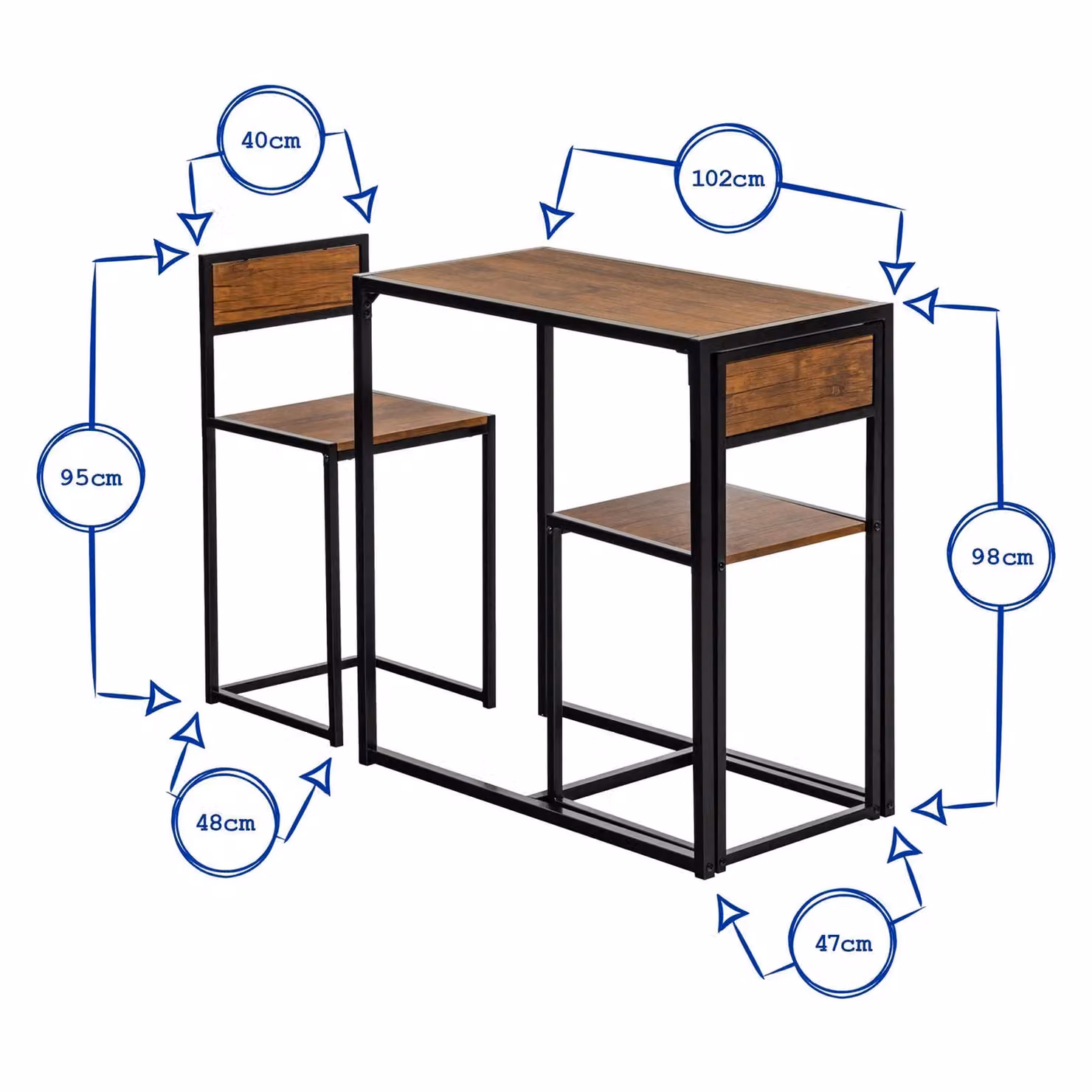 Harbour Housewares 2-Seater Industrial Breakfast Bar Set with Table and Chairs in Brown – 3