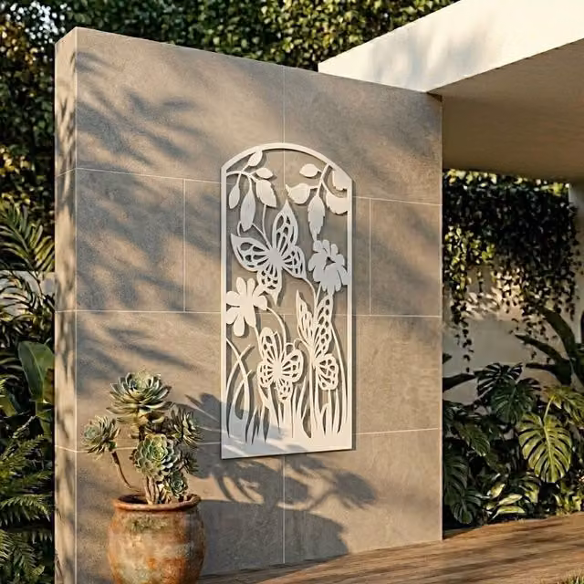 Laser Hut Butterfly and Flower Metal Wall Art in White