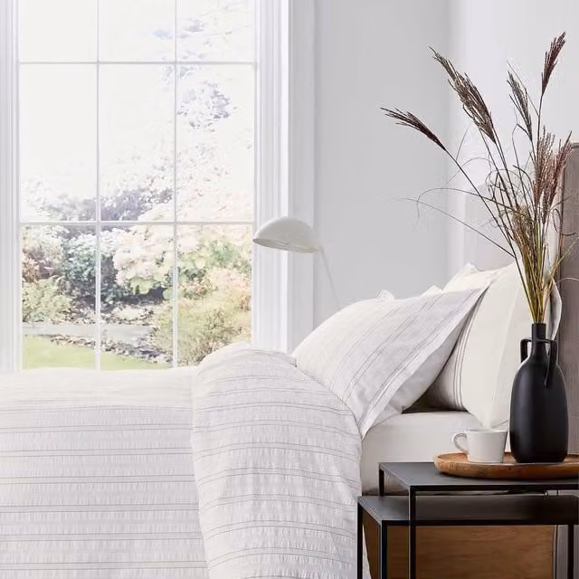 Murmur Laurel Double Duvet Cover and Pillowcase Set in Beige and White Linen Cotton