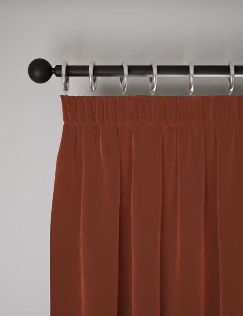 M&S Terracotta Velvet Pencil Pleat Thermal Insulating Opaque Curtains