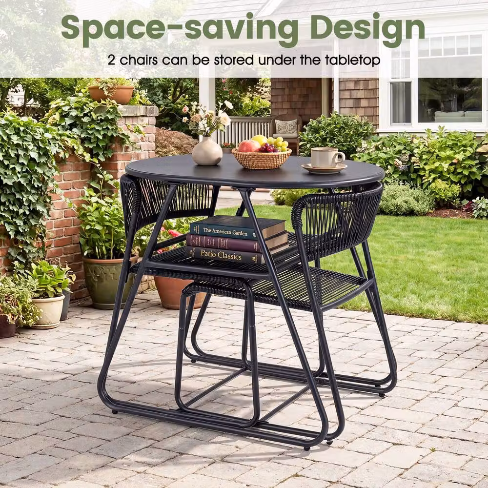 Gymax 3 Piece PE Rattan Bistro Set with 2-Tier Coffee Table and 2 Stackable Chairs in Black – 3