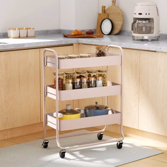 HOMCOM 3-Tier Metal Storage Trolley with Mesh Baskets on Wheels, Pink – 1