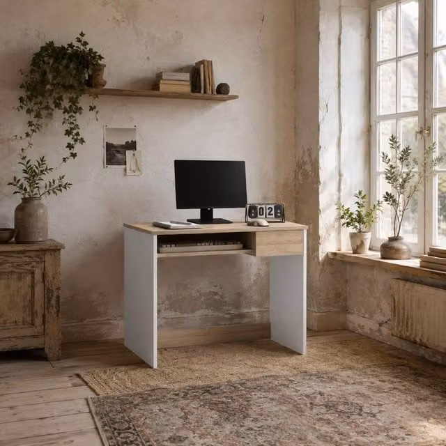 Wyld Haus Vali Compact Computer Desk in White with Keyboard Tray and Drawer, W: 80 cm, D: 45 cm, H: 75 cm