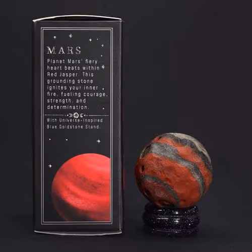 KDMD Red Jasper Mars Planet Sphere with Solar Goldstone Stand, Red and Gold Tabletop Stone Decor