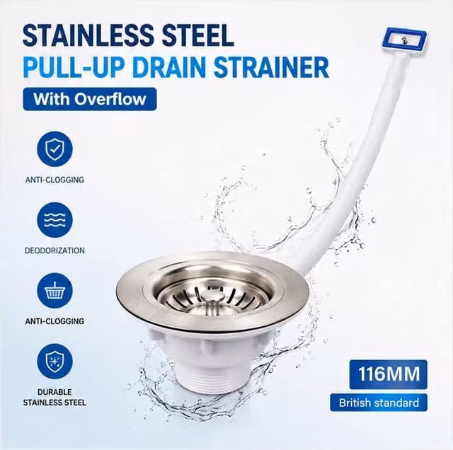 INMTFEI White Stainless Steel Kitchen Sink Drain Strainer with Overflow and Anti-Clog Odour Proof Design – 1