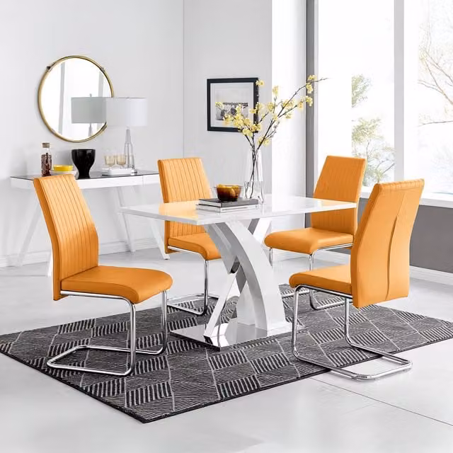 FurnitureboxUK Atlanta White High Gloss Rectangular Dining Table with X-Frame Legs and 4 Mustard Lorenzo Dining Chairs Set – 1