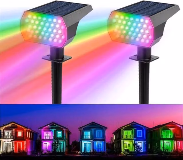 Kelvenix 2-Pack RGB LED Solar Outdoor Garden Spot Lights in Black with Ground Spike – 1