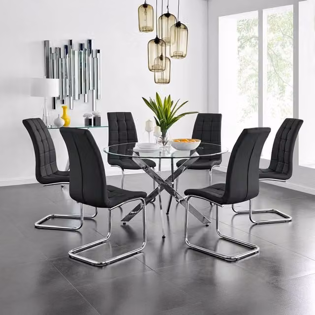 FurnitureboxUK Novara Round Glass Dining Table and 6 Murano Chairs Set in Black with Chrome Metal X-Frame