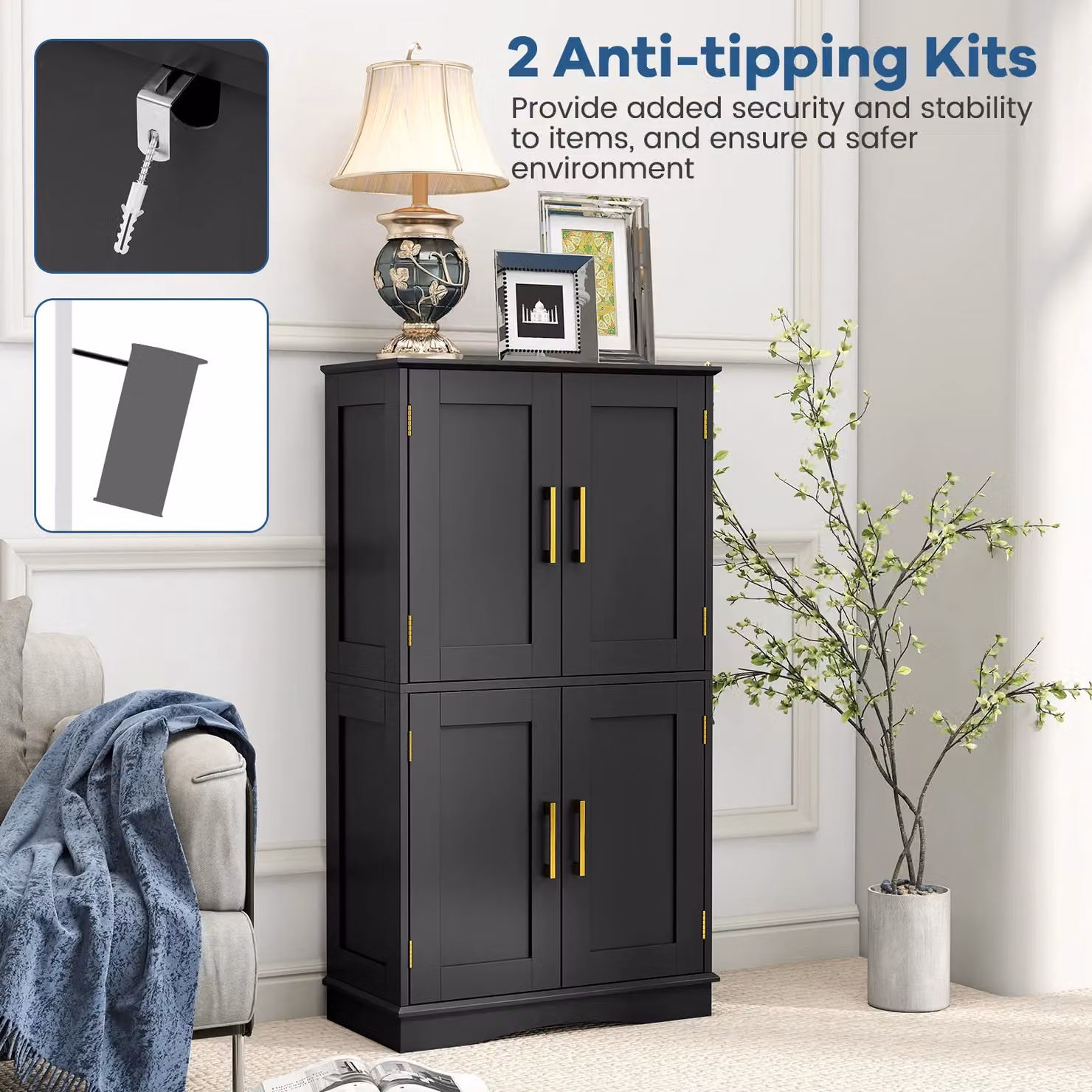 Costway Freestanding Bathroom and Kitchen Pantry Storage Cabinet in Black with Gold Details – 6