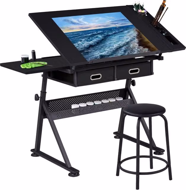 Yaheetech Adjustable Drafting Table and Stool Set with Tilting Top, Black