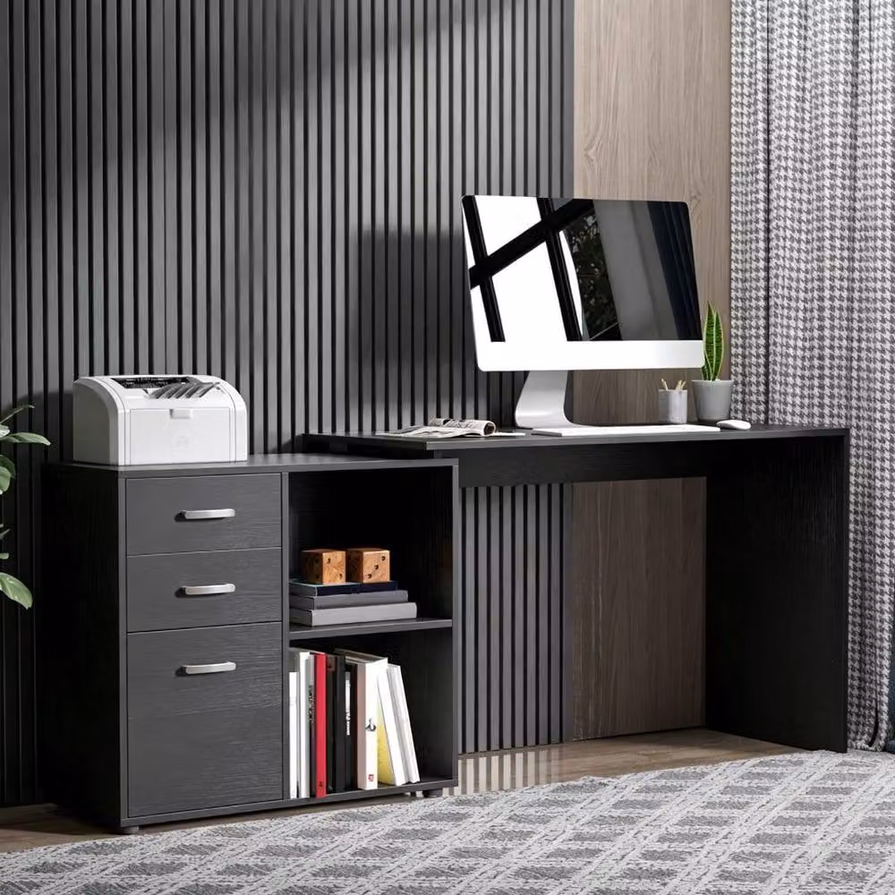 STILVORA L-Shaped Corner Desk with Drawers, Cabinet and Shelves in Black Matt MDF – 3