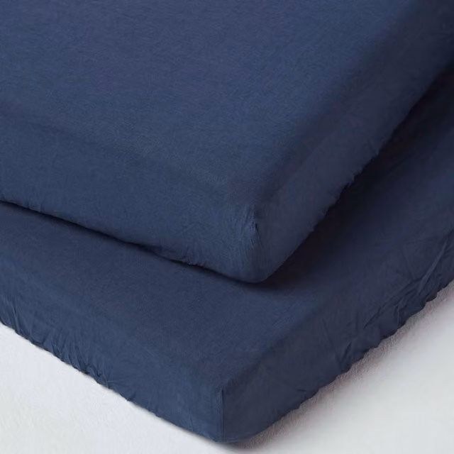 Homescapes Pack of 2 Linen and Combed Cotton Fitted Cot Sheets, Blue, W: 60 cm, D: 120 cm