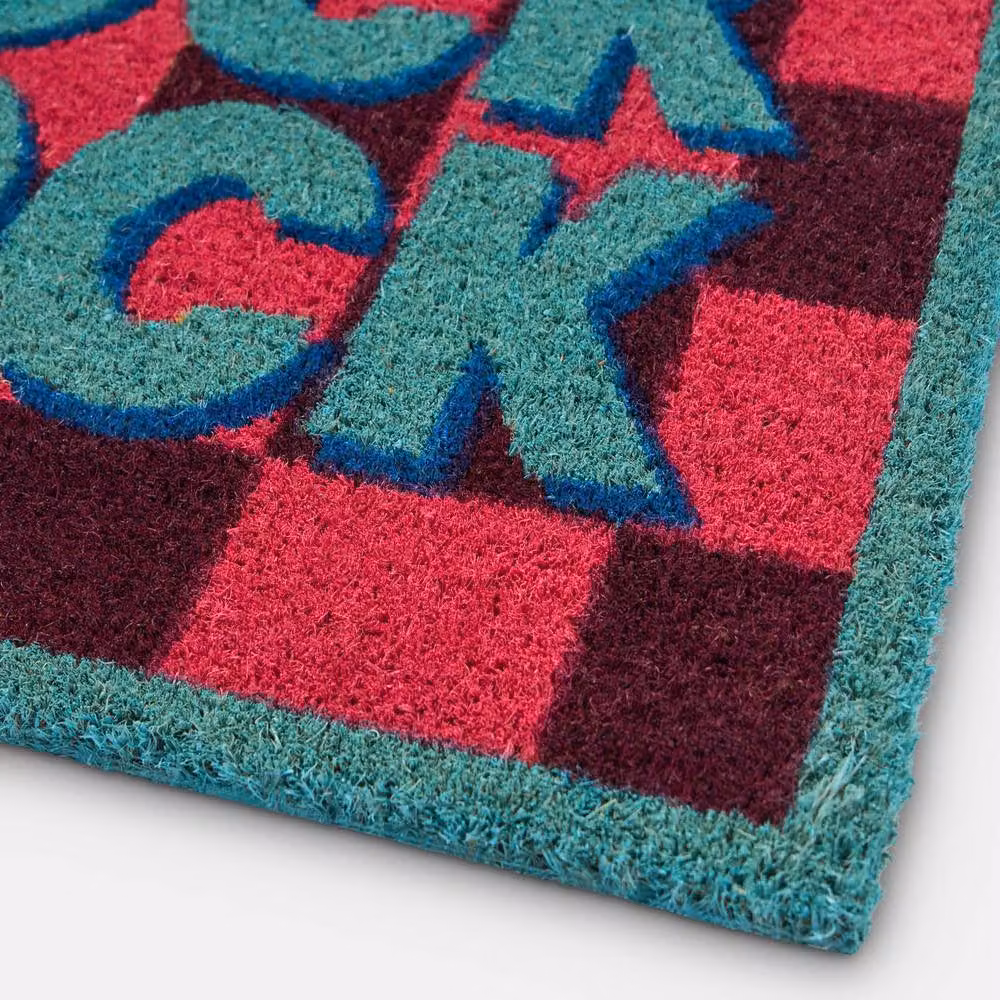 OHS Knock Knock Coir Doormat with Pink and Blue Checkerboard Print, W/D: 60 x 40 cm – 4