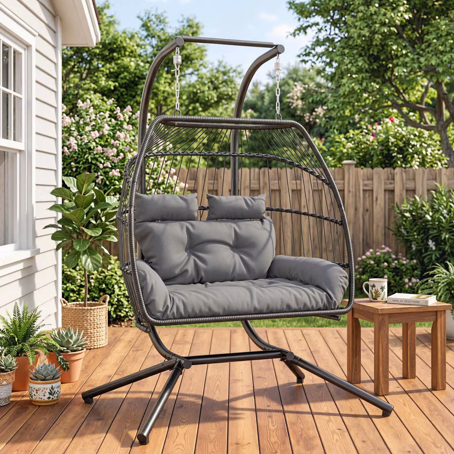Outsunny Dark Grey Rattan Double Hanging Egg Chair with Stand and Cushions – 2