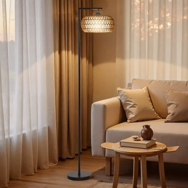 HOMCOM Boho Dimmable Rattan Floor Lamp in Black