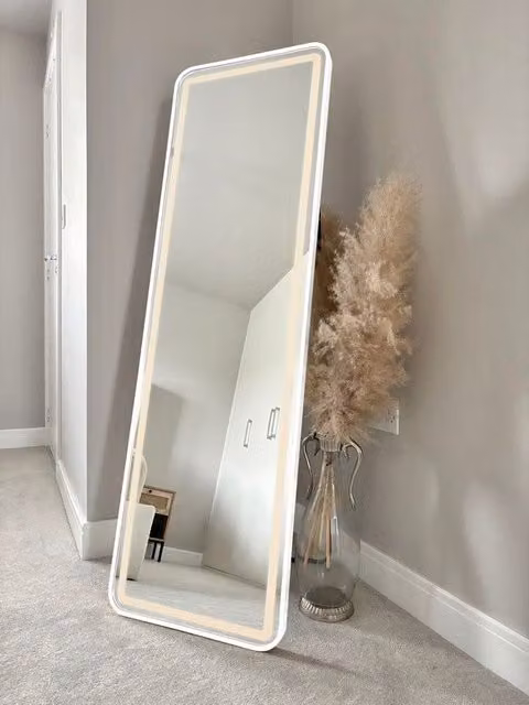 Downton Interiors Soho Collection White Rectangular Metal Frame LED Wall or Floor Standing Dressing Mirror H 145 cm x W 45 cm