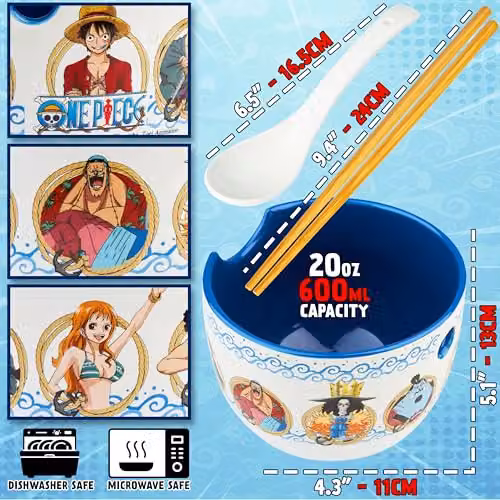 Get Trend One Piece Ramen Bowl Set in Multicolour, 600ml Ceramic Bowl with Spoon and Bamboo Chopsticks – 5