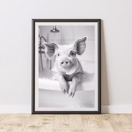 60 Second Makeover Pig In The Bath Animal Print Paper Poster, Black White and Grey, W: 21.0 cm, H: 29.7 cm
