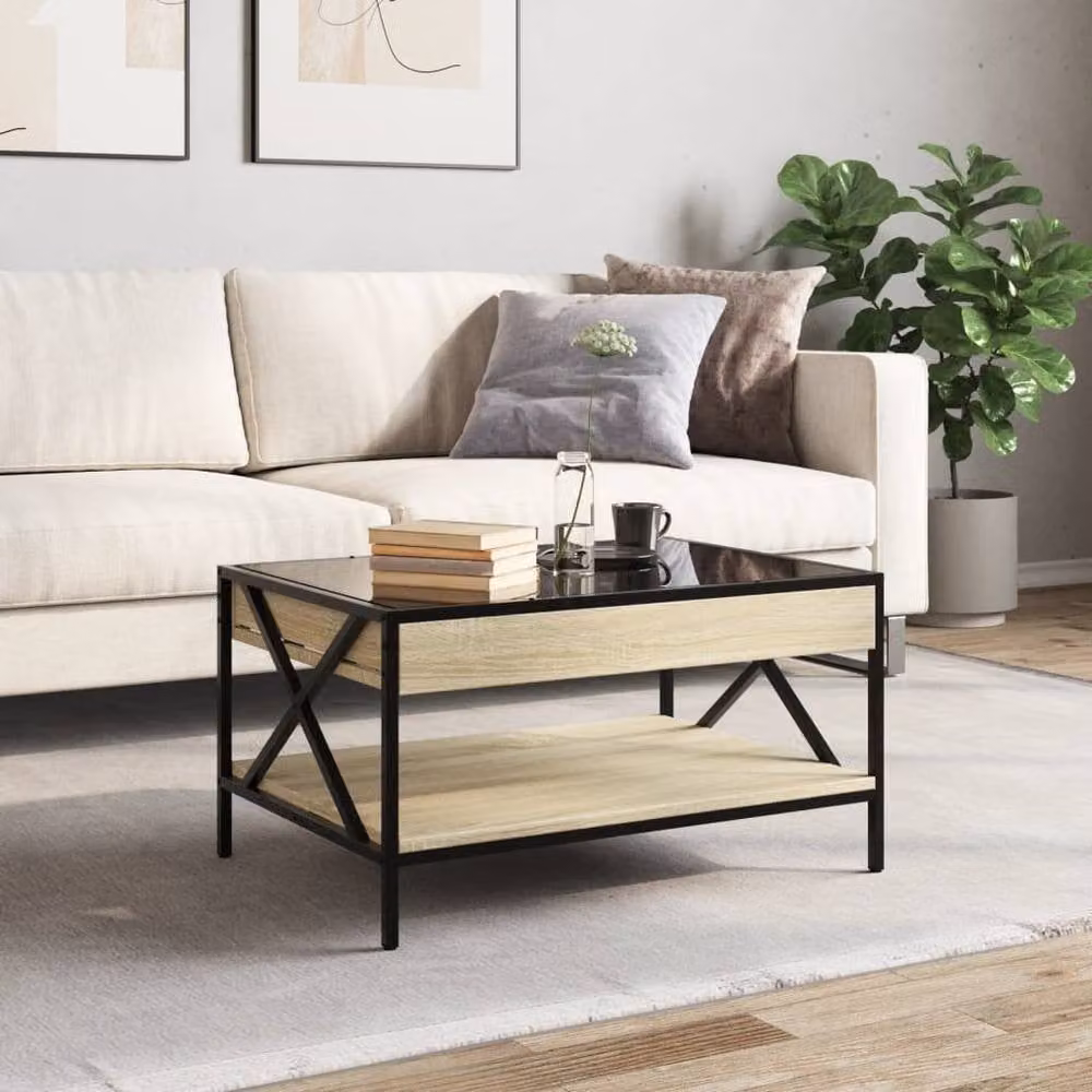 Berkfield Home Infinity LED Coffee Table in Sonoma Oak and Light Brown, W: 70 cm, D: 50 cm, H: 38 cm – 1
