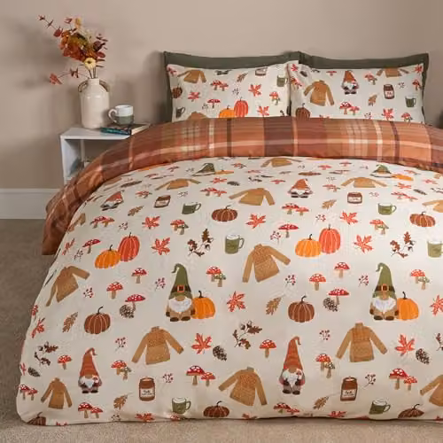 OHS Reversible Autumn Gonk Checked Duvet Cover Set with Pillowcases, Beige and Orange, W/D/H: 220 x 230 x 230 cm, Pillowcase: 50 x 75 cm, Duvet Cover: 180 x 200 cm – 2