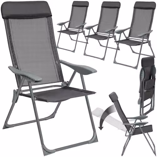 tectake Set of 4 Folding Garden Chairs with Adjustable Backrest and Head Cushions in Anthracite Grey – 1
