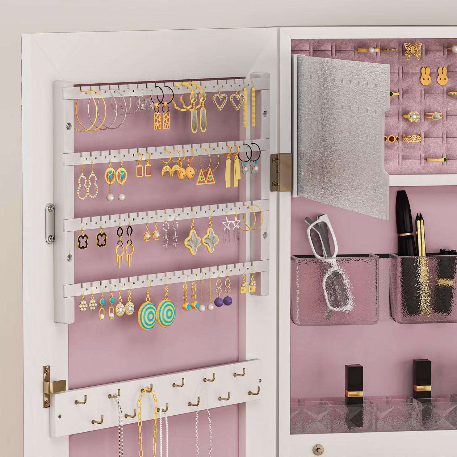 HOMCOM Lockable Jewellery Cabinet with LED Lights, Mirror and Internal Shelves, White and Pink, H 108 x W 37 x D 37 cm – 2