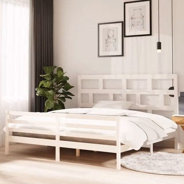 Berkfield Home White Solid Pine Wood Bed Frame W/D/H: 200 x 200 cm