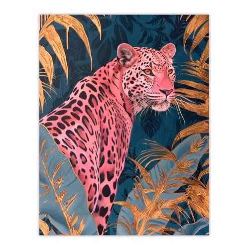 Artery8 Elegant Pink Leopard Tropical Jungle Wall Art Poster Print in Blue and Gold, 18 x 24 Inch