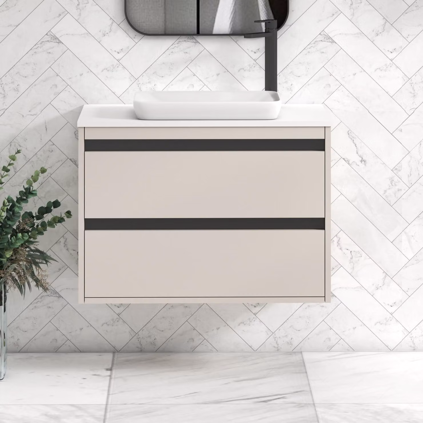 Royal Bathrooms Orion 800mm Warm Taupe Wall Hung Vanity Unit with Qubix Basin and Black Accent Trim