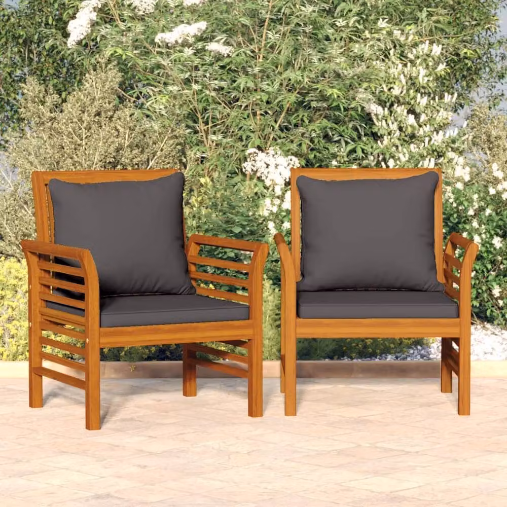 Berkfield Home Set of 2 Acacia Wood Sofa Chairs in Brown with Dark Grey Cushions – 2