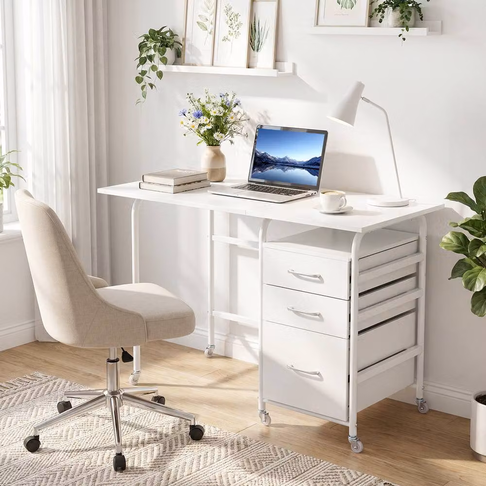 Costway Folding Computer Desk with 3 Drawers in White – 2