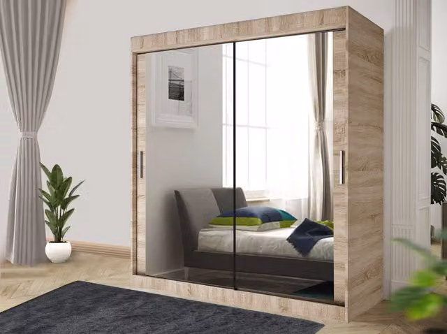 RAC3 Modern Sliding Mirror Wardrobe with Integrated Drawers in Oak, Width: 100 cm