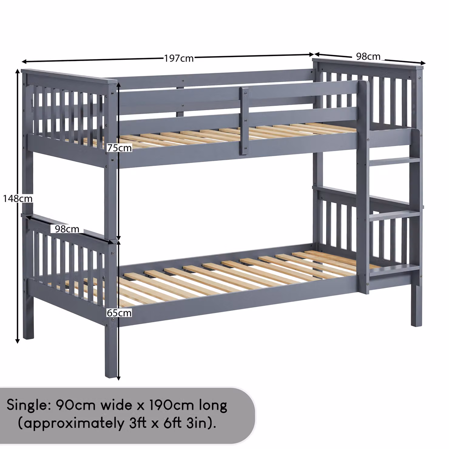 Vida Designs Milan Detachable Bunk Bed Frame with Ladder in Grey, Single Size – 2