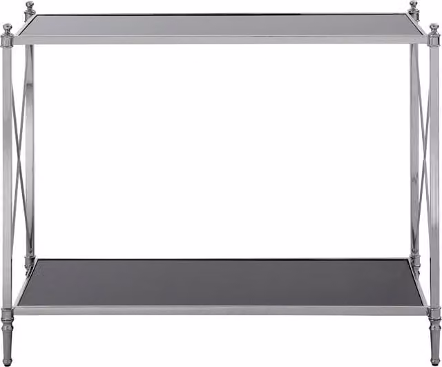 Orsina 2 Tier Black Mirrored Glass Console Table with Silver Nickel Finish Frame, W/D/H: 101 x 43 x 78 cm