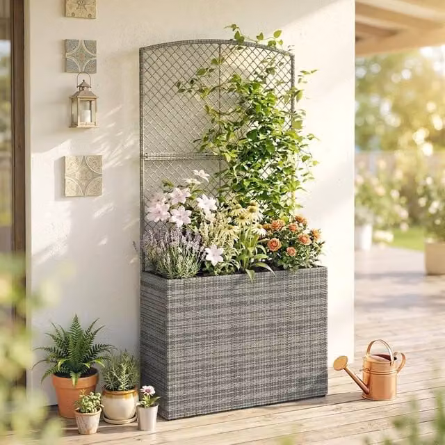 Kelvenix Grey Rattan Planter with Trellis and Liner W/D/H: 80 x 60 x 30 cm