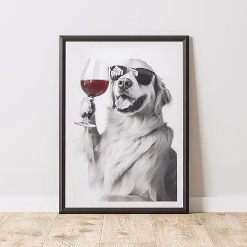 60 Second Makeover Funny Golden Retriever Drinking Wine Black and White Paper Poster, A3