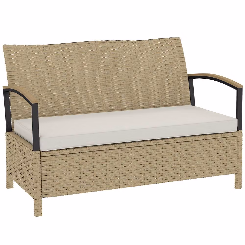 Outsunny 125L 2 Seater Garden Storage Bench in Beige PE Rattan with Metal Frame – 2