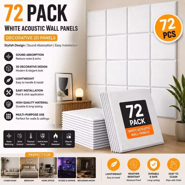 ATEK 72 Pack Self-adhesive Square Acoustic Soundproofing Felt Wall Panels in White