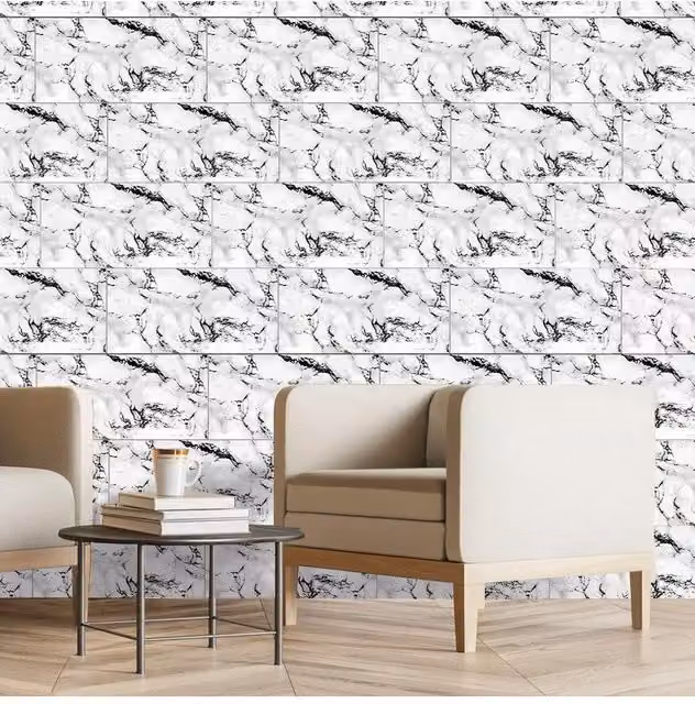 H&O Direct 10-Piece White and Ink Marbling PVC Peel and Stick Waterproof Rectangle Wall Tiles – 1