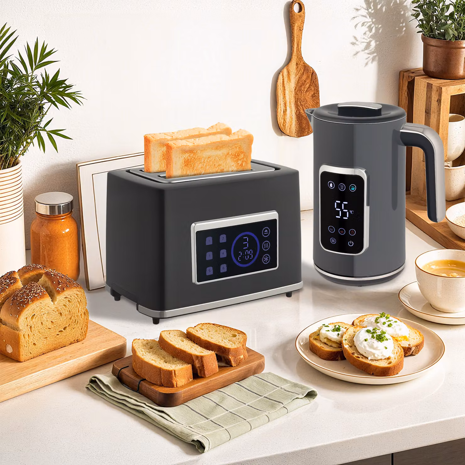 HOMCOM Touch Screen Kettle and Toaster Set in Grey – 2