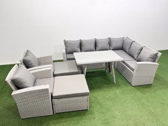 Fimous 10 Seater Rattan Garden Furniture Set with Dining Table and 2 Armchairs in Light Grey