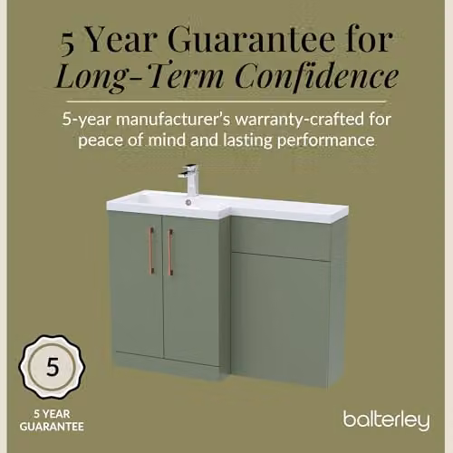 Balterley Corner L-Shaped Vanity Unit and WC Unit with L-Shaped Basin and Worktop, Green, Floor Standing with 2 Soft Close Doors and Copper D Shape Handles – 4