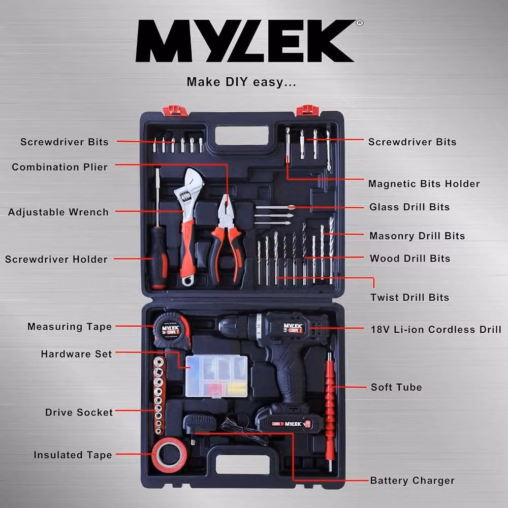 MYLEK 18V Cordless Li-ion Drill with 90 Piece Tool Kit and Case, Black – 8