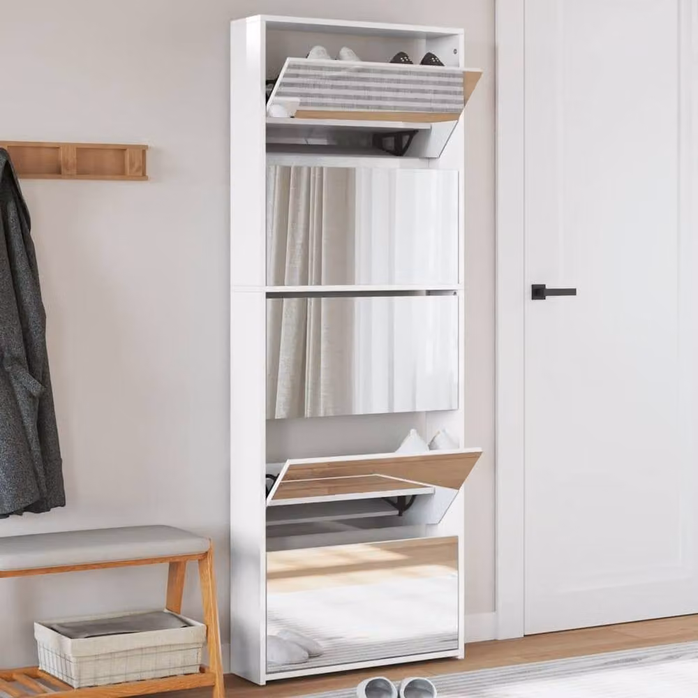 Berkfield Home High Gloss White Shoe Cabinet with Mirror, W/D/H: 63 x 17 x 169.5 cm – 1
