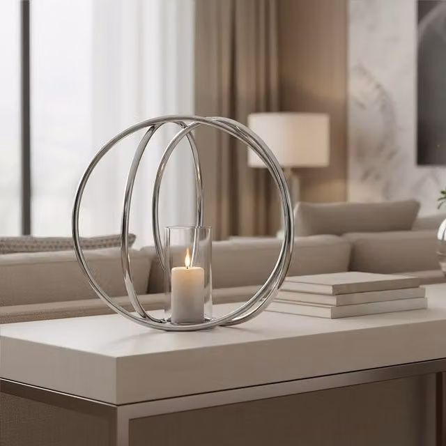 Orsina Modern Round Metal Pillar Candle Holder in Silver